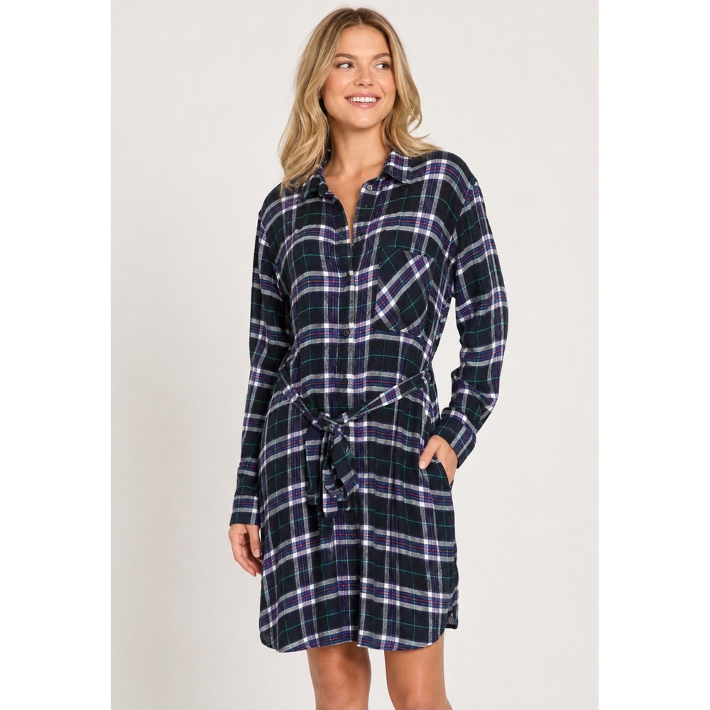 Gap x Pendleton Womens XL Navy Blue Plaid Belted Shirt Dress Long Sleeve Pockets